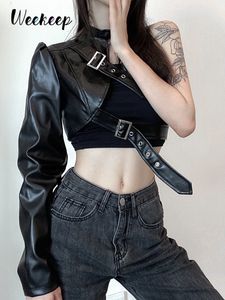 Womens Jackets Weekeep Gothic Black PU Leather Jacket Women One Shoulder Halter Buckle Hip Hop Outfits Fashion Streetwear Cropped Solid 230130