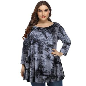 Kvinnors plus size tshirt 4xl 5xl toppar kvinnor vår höst o nacken långärmad slips färgämne tryck retro vintage blus loss big 230131