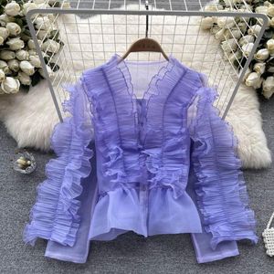 Kvinnors blusar blusa feminino chic v-hals söta ruffles svart vit organza skjorta hösten kvinnors långa ärm enkelbröst toppar