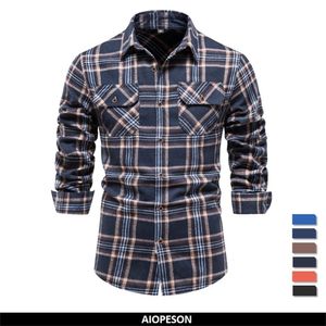 Men's Casual Shirts AIOPESON Flannel Plaid for Double Pocket Long Sleeve Male Checkered Blouse Autumn Basic Social 230130