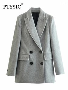 Женские костюмы PTYSIC, женский двубортный пиджак в стиле ретро, куртка с длинным рукавом, воротник с лацканами, подплечники, карманы с клапанами, верхняя одежда