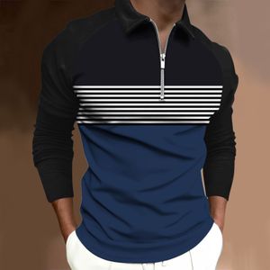 Męski Polos Business Casual Polo Shirt Striped Lapel kołnierz Raglan Long Rleeve Loose Autumn Winter Top na odzież 230130