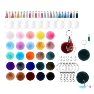 Anahtarlıklar Landards 195pcs pompom top anahtar zinciri püskül kolye yuvarlak akrilik daire disk anahtar halkası DIY mücevher erişimi için boş