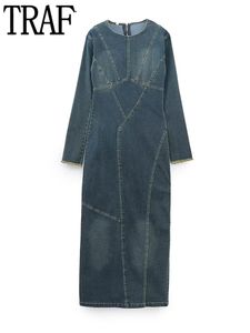 Abiti casual TRAF Blue Denim Donna Inverno Lungo per donna 2023 Uscire Maxi Dres Manica Fessura Donna 230130