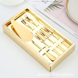 Dinnerware Sets Baking Tool Stainless Steel Knife And Fork Set With Gift Box Gold Cake Cheese Pizza Fruit Cutter Hat Candle Dish