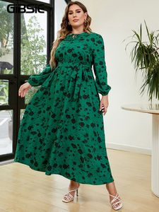 Plus size Dresses GIBSIE Size Floral Print Tie Neck Belted Dress Women Spring Fall Vintage Long Sleeve Elegant Maxi ALine 230130