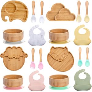 Cups Dishes Utensils 5pcs Wood Tableware Suction Plate Bowl Baby Feeding Spoon Fork for Kids Tableware Bamboo Dishes Bib Feeding Tableware Sets 230130