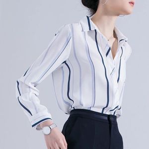 Women's TShirt Vertical Striped Chiffon Blouse Profession Contrast Blue White Long Sleeve Shirts Elegant Singlebreasted Blusas Mujer Y343 230131