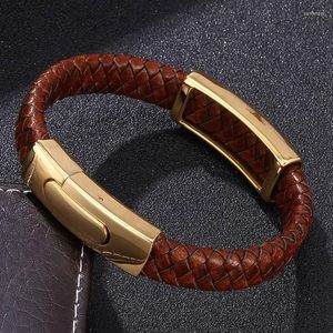 Charm Bracelets Trendy Vintage Brown Braided Leather Handmade Bracelet Male Golden Exquisite Stainless Steel Clasp Mens Bangles FR0322