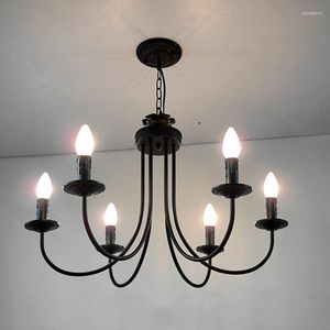 Chandeliers American Black Curved Arm Chandelier Light LED Hanging Lamp Classic European Wrought Iron Candle Lighting Fixture