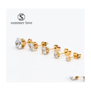 Stud Stainless Steel M8Mm Round Transparent Cubic Zirconia Earring For Women Girls Sier Gold Rose Fashion Wedding Jewerlyy Drop Deli Dhuft