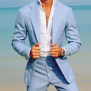 Мужские костюмы небо голубой для мужчин повседневный мужской костюм пляж Свадебная вечеринка 2 шт.