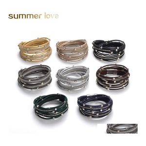 Other Bracelets Selling Rhinestone Crystal Mtilayer Bangles Leather Wrap Bracelet Wristbands For Women Magnet Buckle Colorf Jewelry Ot8J0