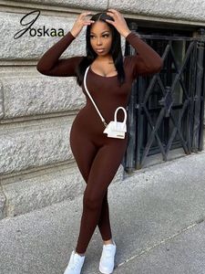 Kobiety Jumpsuits Rompers Joskaa solidny niski kołnierz długi rękaw Bodycon kombinezon moda dla kobiet ubrania dla kobiet zimowe fitness sport Rompers 230131