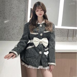 Women's Wool & Blends Korean Fashion Thicking White Gray Tweed Jacket For Women 2023 Medium Long Winter Coat Female Loose Casual Ourwear Str