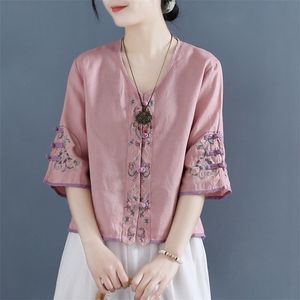 女性用Tシャツレトロ刺繍ノットボタンコットンシャツ女性の夏の中国語禅ティーガウンルーズショートVNECKトップ230130