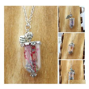 Pendanthalsband Supernatural Angel Wing Leaf Rock Salt Bottle Protection Glass Real Dry Flower Necklace Drop Delivery Smycken Penda DHQHG