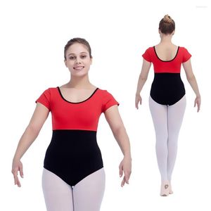 Abbigliamento da palcoscenico Vendita al dettaglio all'ingrosso rosso con body da ballo bicolore a maniche corte in cotone/lycra nero per donne e ragazze