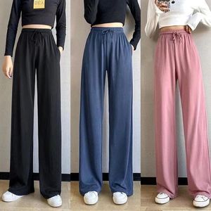 Calça feminina de alta qualidade 2023 pernas largas cintura feminina lentro total solto preto preto casual gelo seda feminina calça