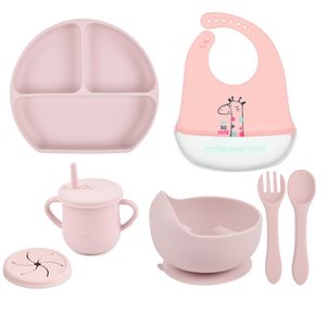 Cups Dishes Utensils 7pcs/set Baby Tableware Soft Silicone Sucker Bowl Plate Cup Bibs Spoon Fork Sets Non-slip Children's Feeding Dishes BPA Free 230130