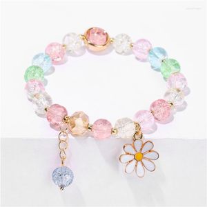 Strand Korean Daisy Flowers Bracelet Bohemian Colorful Crystal Beaded Handmade Elastic Rope Women Fashion Jewelry Pulceras