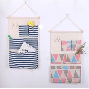 Storage Bags Printing 5 Pockets Cotton Linen Fabric Hanging Bag Simple Wall-mounted Waterproof Sundries Bedroom Living Roo
