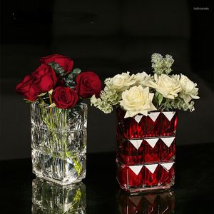 Vases Home Red Luxury Geometry Hydroponics透明ガラス小さな花瓶リビングルームソフトデコレーションフラワーオーナメント