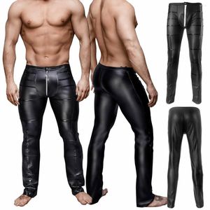 Men's Thermal Underwear Black PU Leather Motorcycle Pants Patchwork Men Open Front Zipper Design Clubwear Trousers Nightclub Pant