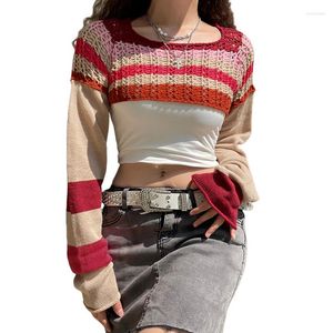 Women's Sweaters Women Sweater Fall Winter Clothes Black Red Patchwork Round Neck Vintage Long Sleeve Cropped Crochet Pullover Female
