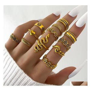 Band Rings Fashion Jewelry Vintage Gold Flower Snake Heart Geometric Stacking Midi Sets 12Pcs/Set Drop Delivery Ring Dhhji