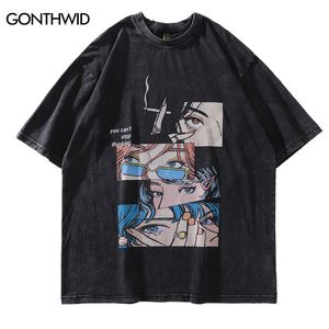 Herr t-shirts orolig överdimensionerad grunge t shirt streetwear japanska anime ögon tryck retro tshirt hip hop casual bomull lös t-shirt 230131