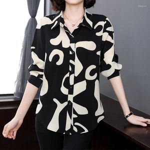 Blouses feminina Fashion Vintage Print Print Lappel Single Brented Slave Longe Tunic Blouse Shirt Women Autumn Office Ladies Tops