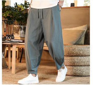Calça masculina japonesa linho de algodão solto masculino verão respirável coloras de coloração mole streetwear plus size m5xl 230130
