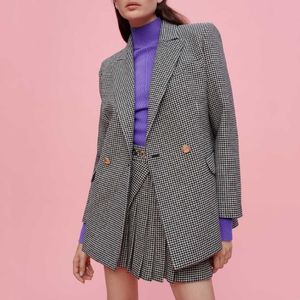 Two Piece Dress Wool Thousand Bird Grid Suit Coat for Women 2023 France Double Breasted Long Sleeve Pleated Skirt Free Freight 230131