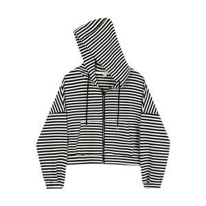 Kadın Hoodies Sweatshirts Siyah Beyaz Stripes Zip Sweatshirt Kış Kadın Ceket Giysileri Gevşek Kadın Vintage Cepleri Uzun Kollu Pul