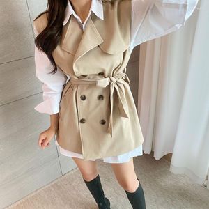 Kvinnors västar koreanska eleganta mode casual dubbelbröst trenchrock 2023 Autumn Loose Ladies Lace Up Vest Chic Top Women Coats Kvinna