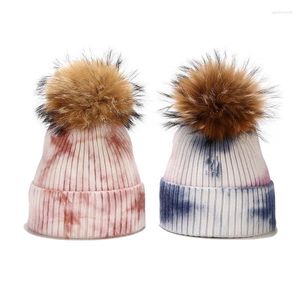 Berets Tie Dyed Raccoon Dog Wool Ball Knitted Hat Women Autumn Winter Outdoor Wind Proof Beanies Unisex Core Spun Yarn