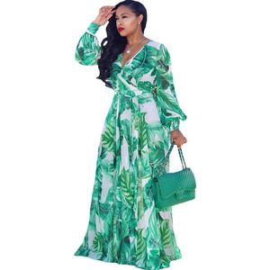 Casual Dresses Beach Chiffon Maxi Dress 2023 Summer Women's Loose Print Long Sleeve V-neck Belt Large Size S-XXL-5XL