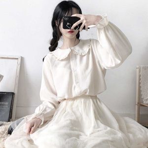 Women's Blouses Shirts Cute Harajuku White Shirt Ruffle Tops Blouse Long Sleeve Sweet Lolita Basic Button Up Shirts Autumn 100% Cotton 230131