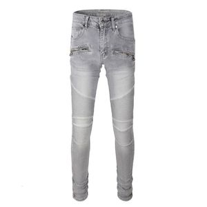 Jeans da uomo Uomo Grigio Biker Streetwear Pieghe Patchwork Patchwork Stretch Denim Pantaloni Slim Skinny Tapered Pencil Pants 230131