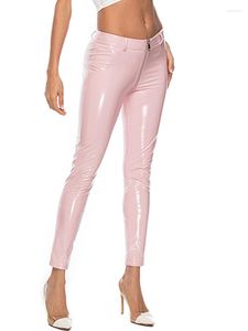Женские леггинсы YRRETY, блестящие розовые полиуретановые светоотражающие зеркальные женские сексуальные брюки с низкой талией, клубные вечерние женские кожаные штаны пуш-ап на молнии