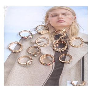 Band Rings 2022 Vintage Fashion Ring Set For Women Girls Gold Metal Punk Geometric Hollow Leaves Finger Party Jewelry Anillos Drop De Dhlwm
