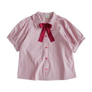 Women's TShirt Korean Style Button Up White Shirts Women Summer Ruffle Puff Short Sleeve Vintage Tops Lolita Girl Cute JK Uniform Blouse Pink 230131