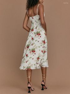 Sıradan Elbise Spagetti Kayış Kadınlar İçin Yaz Elbisesi 2023 Kolsuz Tatil Plaj Kayması Geri Geri Kokulu Zarif Vintage Çiçek Midi
