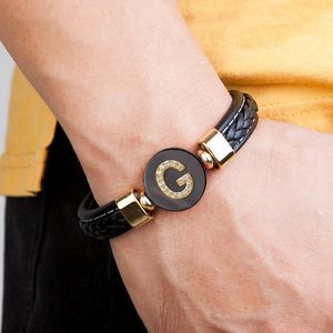 Charm Bracelets Az Initial Letter Bracelet For Men 26 Zircon Black Braided Leather Rope Chain Bangles Man Gifts 230731