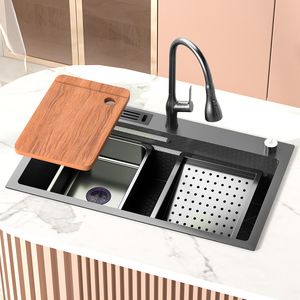 Lavello da Cucina a Cascata Lavello in Acciaio Inox Lavabo Grande a Una Fessura nano Multifunzione per Accessori da Cucina Lavastoviglie