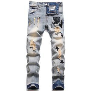 Jeans masculino Slim Fit Pés elásticos Balão de algodão bordado Marca de couro com furo Star Retro Jeans masculino da Europa e América