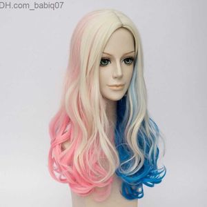Синтетические парики Suicide Squad Harley Quinn Wig Curly Blonde Pink Blue Mixed Hair Cosplay Wigs Совершенно новое высококачественное модное изображение полное кружевное парики Z230801