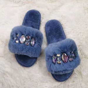 Pantofole Scivoli in pelliccia da donna per la casa Moda Strass Inverno Caldo Peluche Pantofole da donna al coperto Scarpe da donna in cotone Infradito pelosi