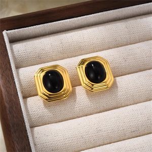 INS French Style Block Texture Black Agate Earrings For Women's Light Luxury Vintage Simple Natural Stone Fashion Charm Jewelry